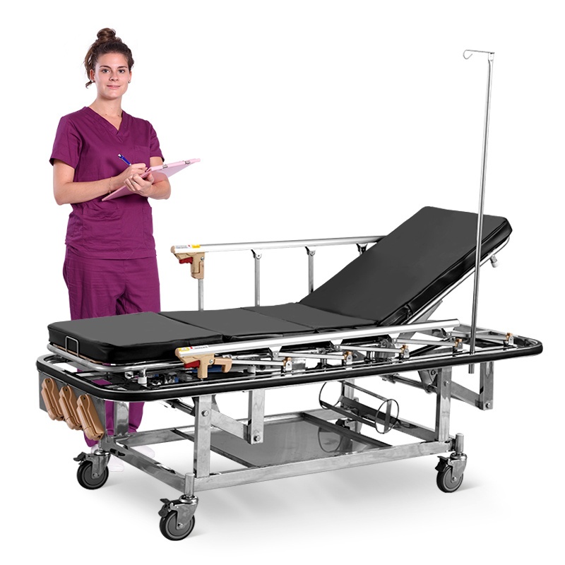 Surgical Instrument Multifunction Manual Patient Transport Stretcher with Rotating Guardrail