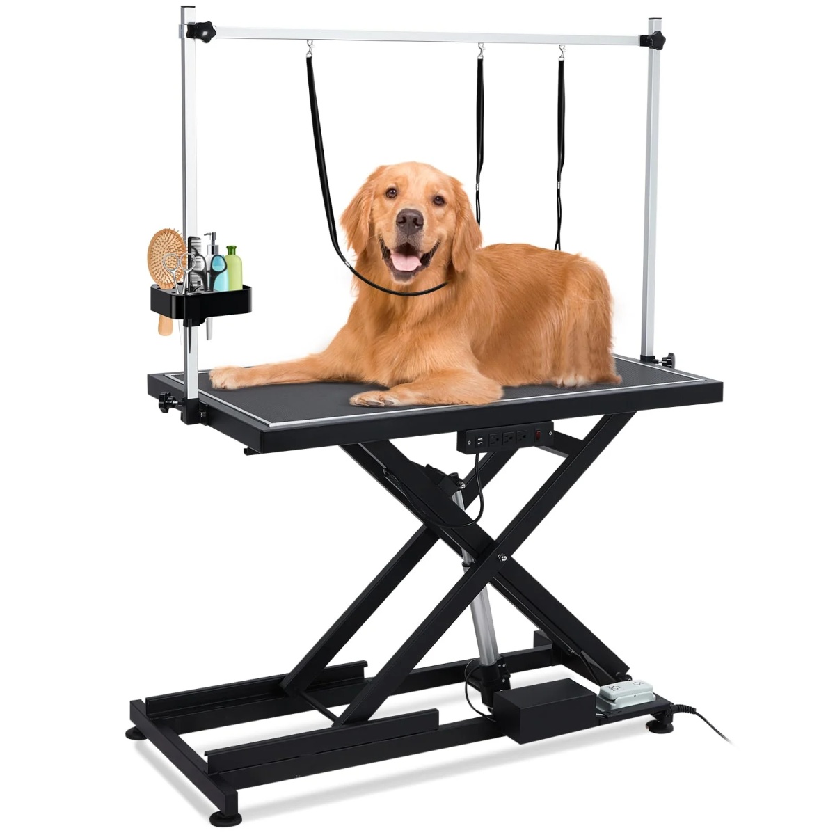 Dog Grooming Table Electrical Lifting Table Round Tabletop with Iron Display Rack Charge-Powered